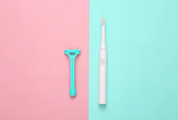 Shaver Depilator Toothbrush Blue Pink Pastel Background Top View — Stock Photo, Image