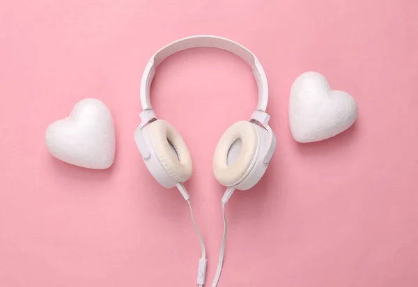 Headphones Hearts Pink Background Romantic Music Love Concept Top View — Stock Photo, Image