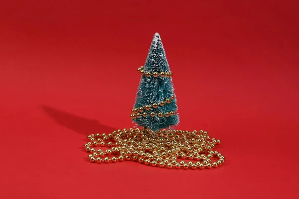 Mini Christmas Tree Garland Red Background — Stock Photo, Image