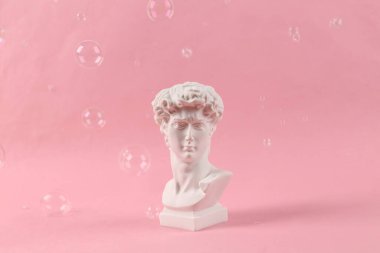 David 'in pembe arka planda sabun köpüklü alçı büstü. En küçük yerleşim