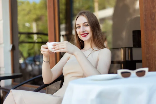 Young Smiling Woman Coffee Cup Sitting Table Outdoor Cafe —  Fotos de Stock