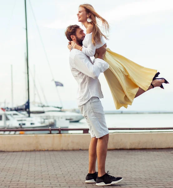 Young Couple Love Having Fun Seaport Man Supports Woman — Stok fotoğraf