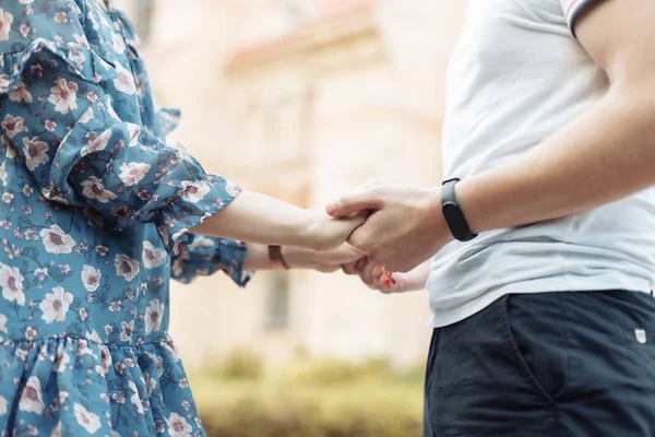 Close Young Loving Couple Holding Hands Romantic Concept — Stok fotoğraf