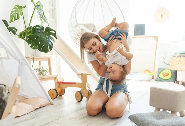 Cute Young Mother Her Little Daughter Playing Playroom Maternal Care — Foto de Stock