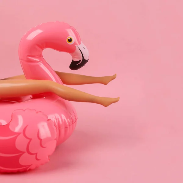 Doll Inflatable Flamingo Pink Background Minimal Summer Vacation Concept — Stock Photo, Image
