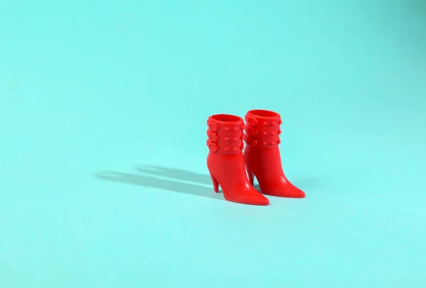 Red Doll Boots Heels Blue Background Minimal Fashion Layout — Foto de Stock