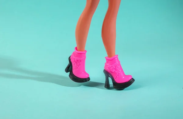 Doll Legs Trendy Boots Blue Background Minimal Fashion Layout — Photo