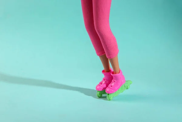 Legs Girl Doll Roller Skates Blue Background — Foto de Stock