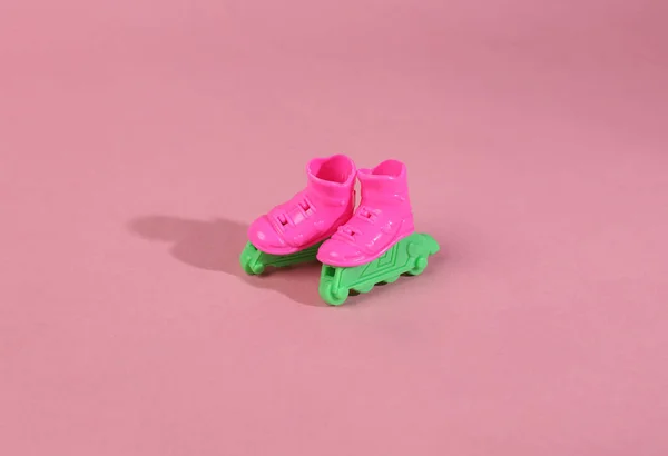 Doll Roller Skates Pink Background Minimal Layout — Foto de Stock
