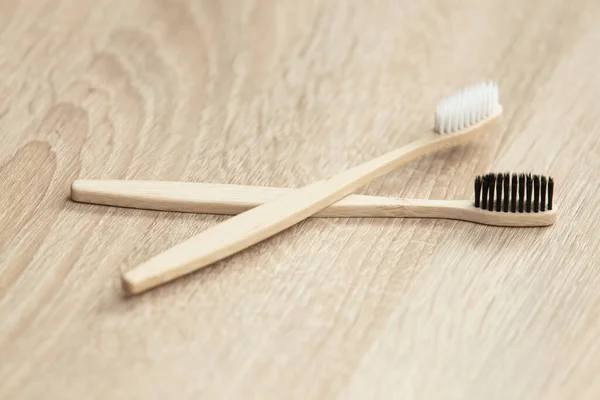 Eco Bamboo Toothbrushes Wooden Table — Stock Photo, Image