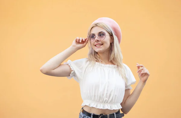 Emotional Smiling Girl Beret Sunglasses Having Fun Yellow Background Portrait — 스톡 사진