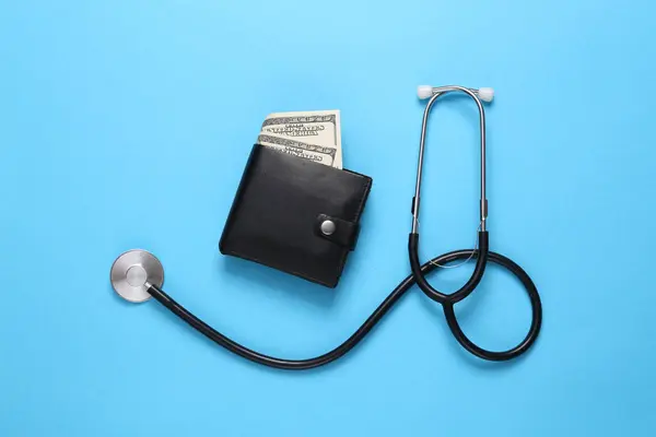 Wallet Money Stethoscope Blue Background Business Concept — Stock Photo, Image