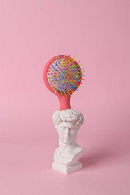 David 'in pembe arka planda renkli taraklı vazosu. Asgari güzellik hala hayat