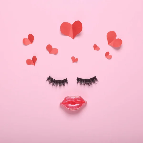 False Eyelashes Lips Shape Face Hearts Pink Background Beauty Love — 스톡 사진