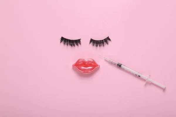 Face False Eyelashes Lips Injection Syringe Hyaluronic Acid Pink Background — 스톡 사진