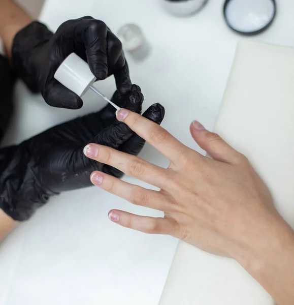 Manicurist paints with nail polish the nails of a woman\'s clint in nail salon. The working process