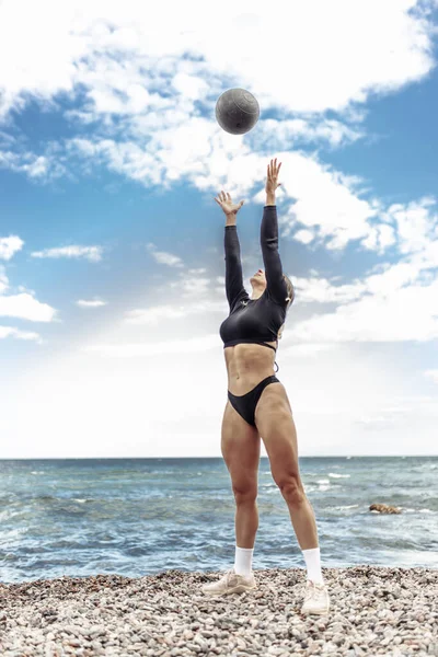 Strong Athletic Woman Exercising Medicine Ball Beach Day Blue Sky — Stockfoto