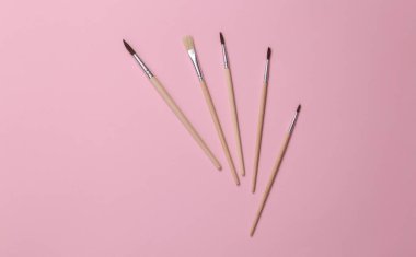 Pembe arka planda bir dizi çizim fırçası. Üst görünüm