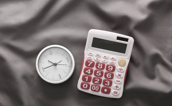 Calculator Clock Gray Crumpled Silk Background — 图库照片