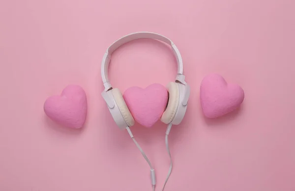 Headphones Hearts Pink Background Romantic Melody Top View — Photo