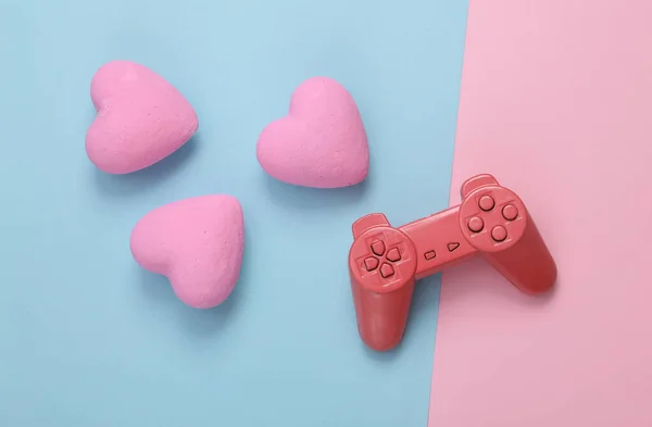 Gamepad Hearts Pink Bue Background Love Concept Top View — ストック写真