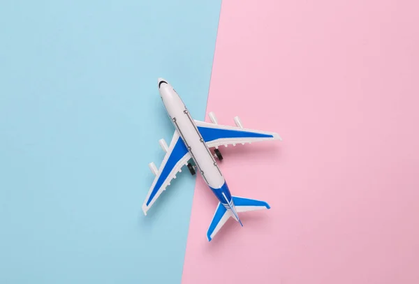 Toy Model Airplane Blue Pink Background Travel Concept Flat Lay — Stock Photo, Image