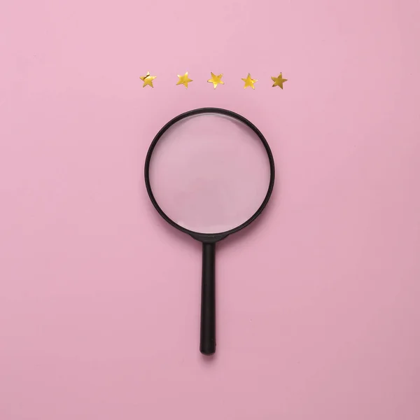 Search Excellent Service Concept Magnifying Glass Five Gold Stars Pink — Stockfoto