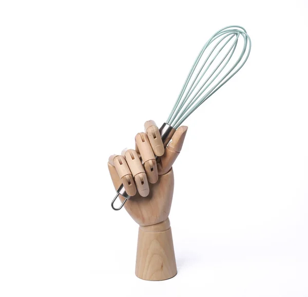 Wooden Hand Holding Whisk Isolated White Background — Stockfoto