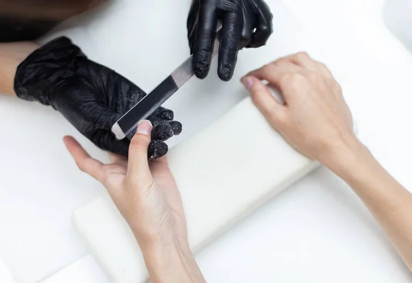 Manicurist Files Nail File Nails Hands Woman Client Nail Salon — 스톡 사진