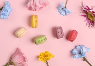 Set of colored macaroons with flowers on pink background. French sweet delicacy. Top view. Flat lay