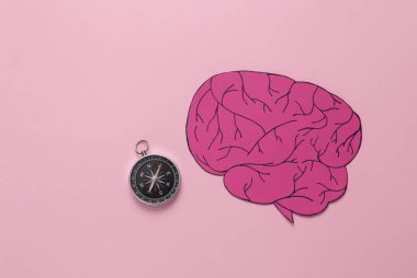 Paper-cut brain with a compass on a pink background. Business concept
