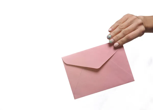 Female Hand Holding Envelope Isolated White Background — Stockfoto