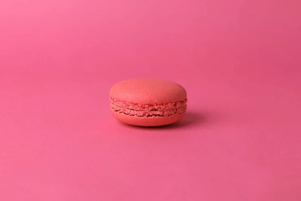 Pink macaroon on pink background. French sweet delicacy. Color trend