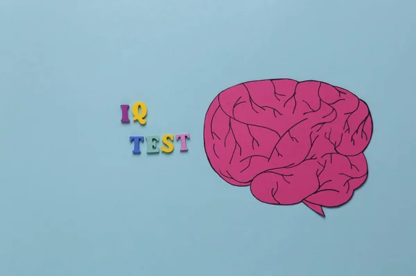 Paper cut brain with inscription iq test on blue background