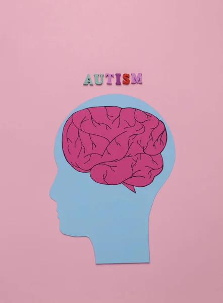 Paper cut head with brain and inscription autism on pink background. Psychological illness