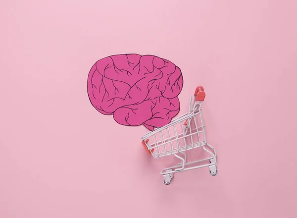 Acquisition of knowledge concept. Shopping cart with paper-cut brain on a pink background. Flat lay