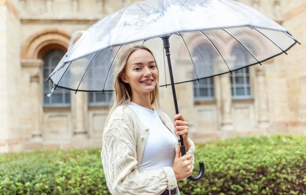 Portrait Cute Smiling Woman Transparent Umbrella City Lifestyle — Stockfoto