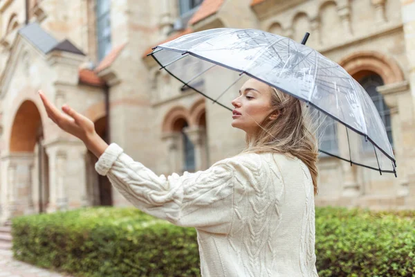 Cute Blonde Woman Transparent Umbrella City Lifestyle — Stockfoto