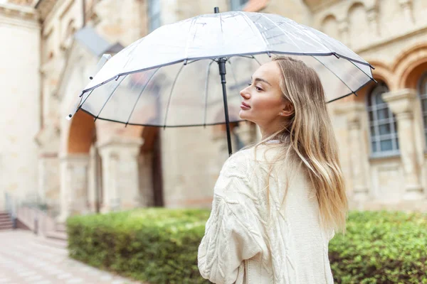 Cute Blonde Woman Transparent Umbrella City Lifestyle — Stockfoto