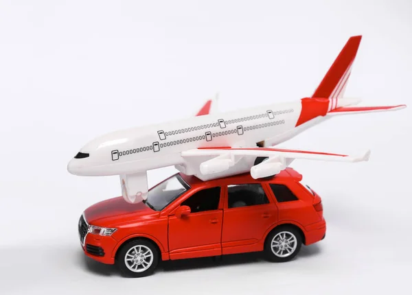 Small Model Car Passenger Plane Isolated White Background Travel Concept — Fotografia de Stock