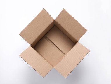 Open empty cardboard box on white background. Top view
