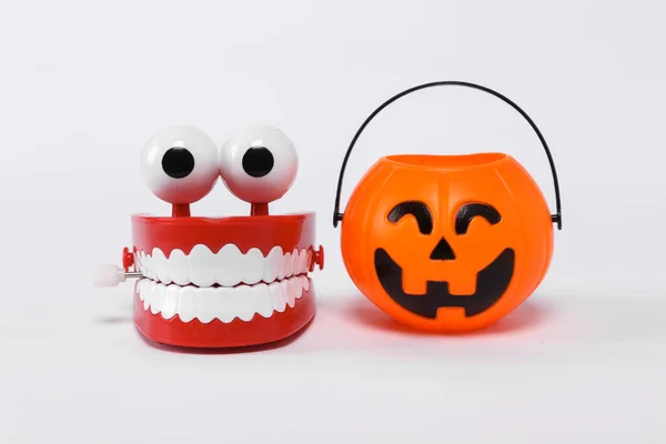 Toy Jaw Halloween Jack Pumpkin Bucket Isolated White Background Trick — Zdjęcie stockowe