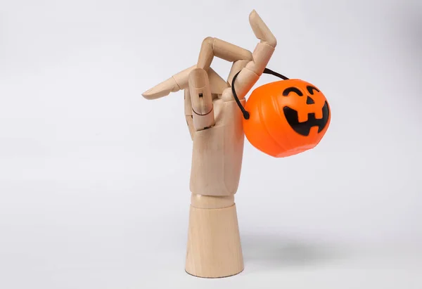 Wooden Hand Halloween Jack Pumpkin Bucket Isolated White Background Trick — Stock Fotó