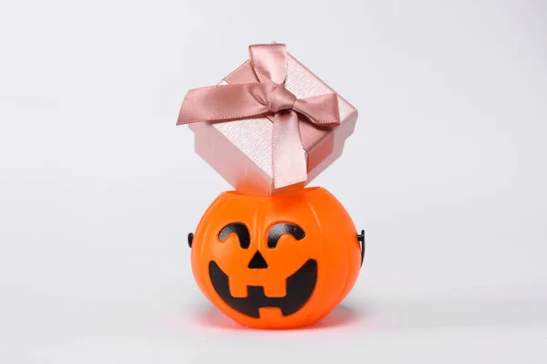 Halloween Jack Pumpkin Bucket Gift Box Isolated White Background Trick — Zdjęcie stockowe