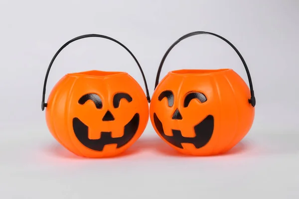 Halloween Jack Pumpkin Buckets Isolated White Background Trick Treat — Zdjęcie stockowe