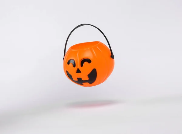 Floating Halloween Jack Pumpkin Bucket White Background Shadow Trick Treat — Zdjęcie stockowe