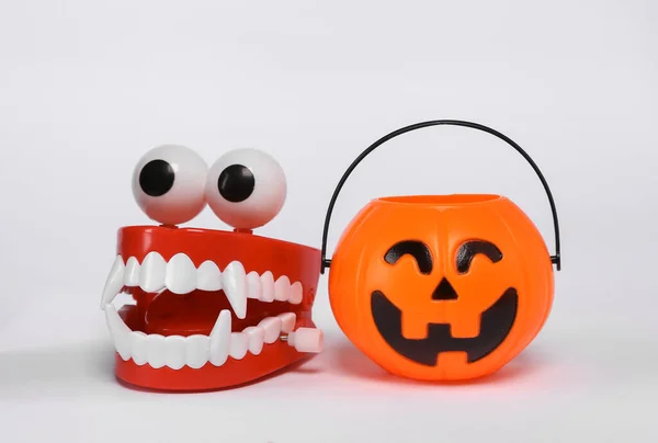 Halloween Candy Jack Lantern Bucket Vampire Jaw Isolated White Background — Photo