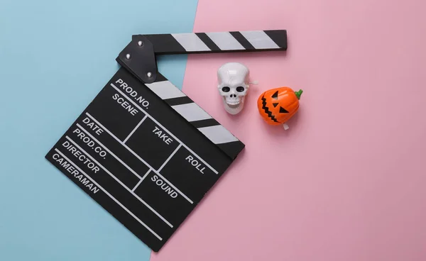 Horror Movie Halloween Concept Movie Clapperboard Skull Jack Lantern Head — Stock Photo, Image