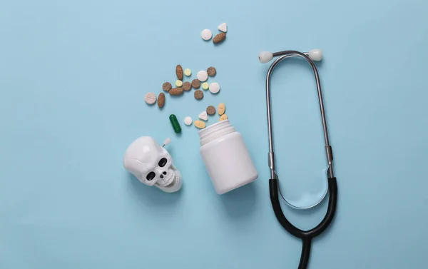 Skeleton Head Pills Bottle Stethoscope Blue Background — Photo