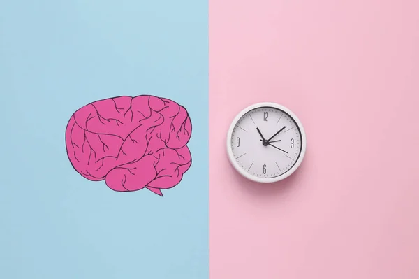 Paper Cut Human Brain Clock Pink Blue Background — Stock fotografie